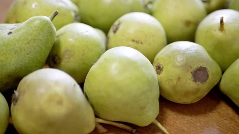 Fresh Ripe Green Pears Piled On Rustic Wooden Tabletop Surface Stock Footage 330118345