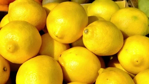 Fresh ripe lemons displayed at local farmers market under bright summer Stock Footage 346634544