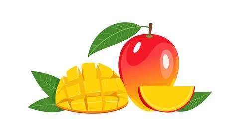 Fresh ripe mango fruit with cut cubes and slices isolated on white backgrou.. Stock Illustration