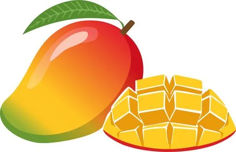 Fresh ripe mango fruit with cut cubes and slices isolated on white backgrou.. Stock Illustration