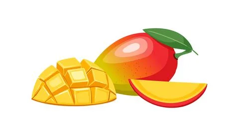 Fresh ripe mango fruit with cut cubes and slices isolated on white backgrou.. Stock Illustration