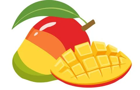 Fresh ripe mango fruit with cut cubes and slices isolated on white backgrou.. Stock Illustration