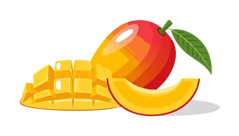 Fresh ripe mango fruit with cut cubes and slices isolated on white backgrou.. Illustrazione stock