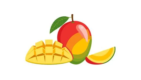 Fresh ripe mango fruit with cut cubes and slices isolated on white backgrou.. Stock Illustration