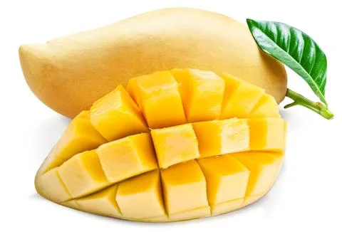 Fresh ripe mango with green leaf on white background Stock Photos