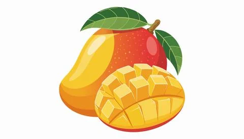 Fresh ripe mango with leaf sliced and cubed mango pieces vibrant tropical f.. Stock Illustration