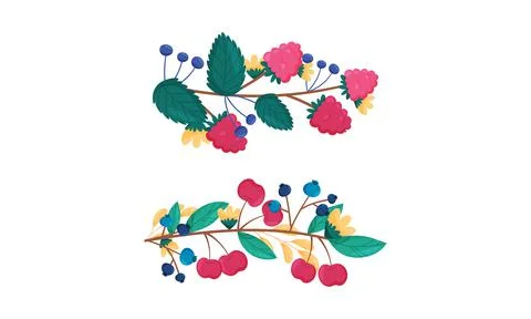 Fresh ripe raspberry, cherry, blueberry twigs set vector illustration Stock Illustration