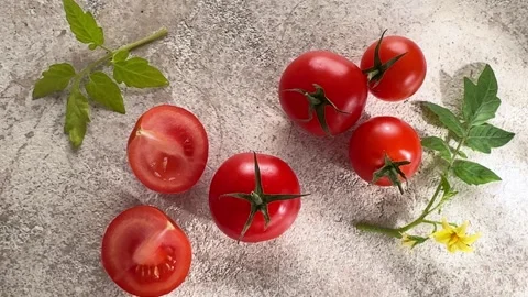 Fresh ripe red cherry tomatoes moving on a concrete background Stock Footage 340193710