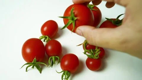 Fresh Ripe Tomatoes on White Surface, A hand holding a ripe tomato with sev.. Stock Footage 304979022