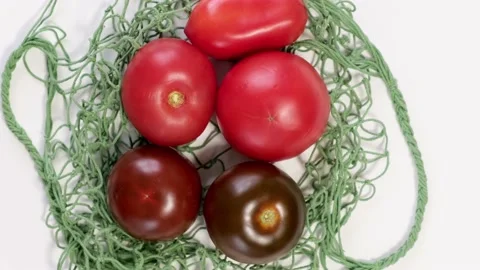 Fresh ripe tomatos in a ecological zero-waste net bag placed on white background Stock Footage 219918064