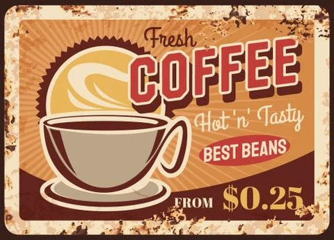Fresh roast coffee steaming cup rusty metal plate Stock Illustration