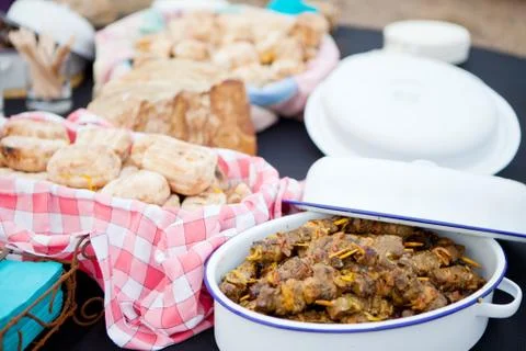Fresh roasted bread and mutton kebabs in dishes Stock Photos