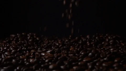 Fresh roasted coffee beans falling down in slow motion in front of black back Stock Footage 122592104