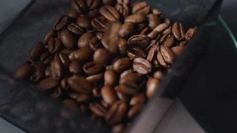 Fresh roasted coffee beans falling in box Stock Footage 168570652