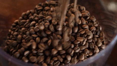 Fresh roasted coffee beans poured in a grinder from a glass jar. Stock Footage 95169906