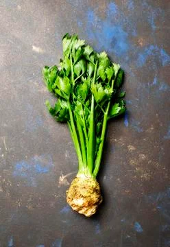 Fresh root celery with green stems, top view Stock Photos