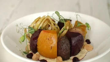 Fresh roots vegetables salad restaurant hotel Healthy food organic nutrition Stock Footage 85479191