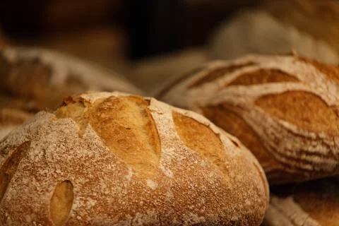 Fresh round rye bread with crispy crust. Close-up, selective focus. Stock Photos