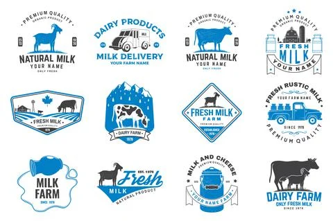 Fresh rustic milk badge, logo. Vector. Typography design with cow, milk farm Stock Illustration