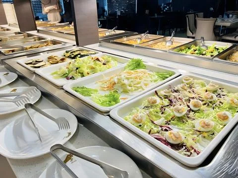 Fresh Salad Bar Buffet with Assorted Vegetables and Eggs Stock Photos