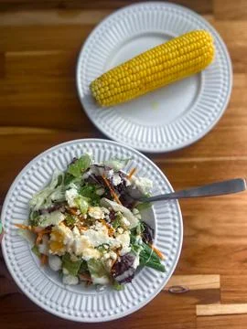 Fresh Salad with Corn on the Cob Stock Photos
