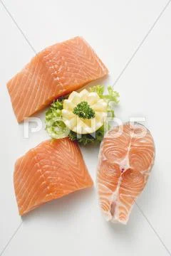 Fresh Salmon Cutlet And Salmon Fillets From Above