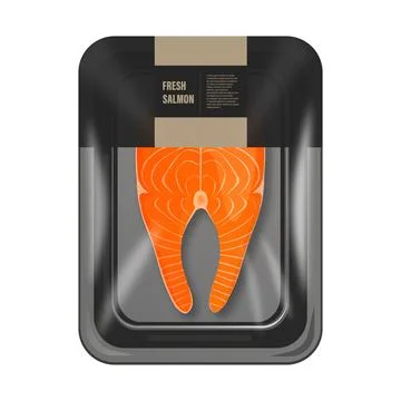 Fresh salmon fillet packaging for healthy seafood diet Illustrazione stock