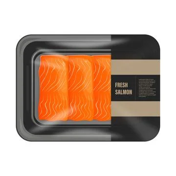 Fresh salmon fillets package with label for cooking 库存插图
