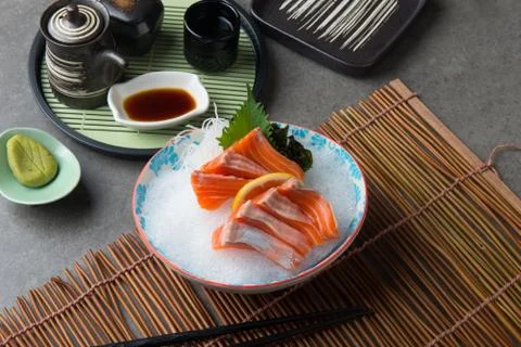 Fresh salmon shashimi sushi on fresh ice Stock Photos