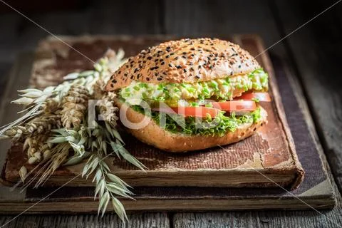 Fresh sandwich with tomato, lettuce, egg paste Stock Photos
