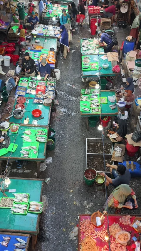 Fresh Seafood and Local Commerce at the Busy Pasar Minggu Traditional Market Stock Footage 340013584