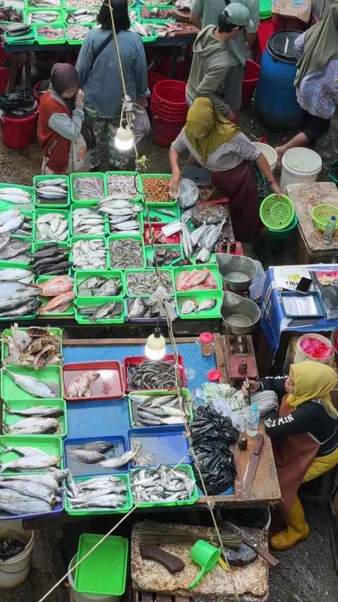 Fresh Seafood and Local Commerce at the Busy Pasar Minggu Traditional Market Stock Footage 340013847