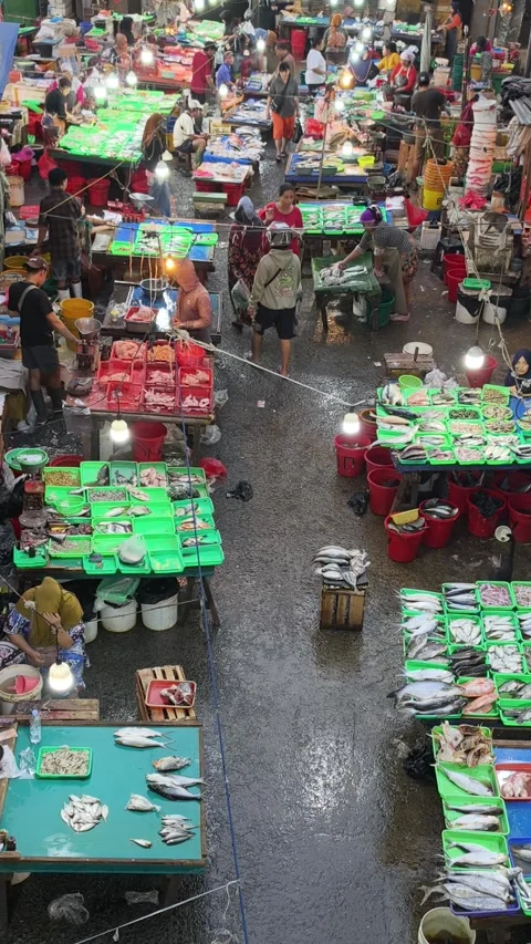 Fresh Seafood and Local Commerce at the Busy Pasar Minggu Traditional Market Stock Footage 340016252
