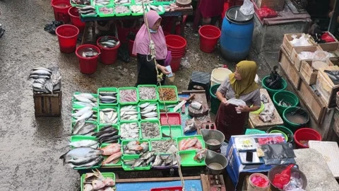 Fresh Seafood and Local Commerce at the Busy Pasar Minggu Traditional Market Stock Footage 340016927