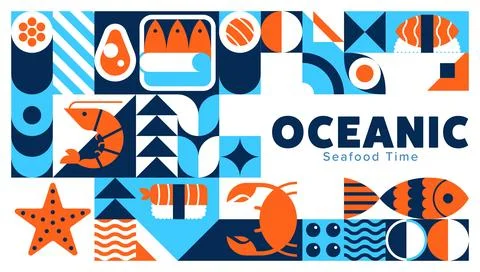 Fresh seafood banner, geometric pattern sushi fish 스톡 일러스트