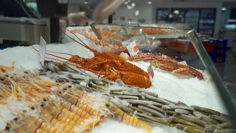 Fresh seafood covered with ice inside a counter - Sydney fish market Stock Footage 76536828