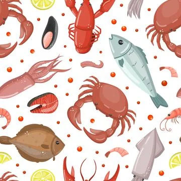 Fresh seafood seamless pattern. Background, wallpaper, cover, textile, packaging Stock Illustration