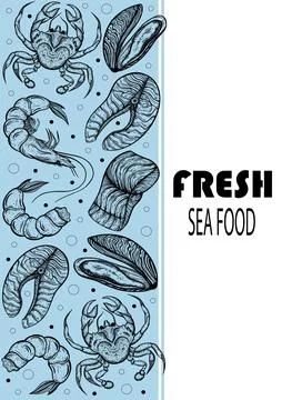 Fresh seafood vector template. Hand-drawn monochrome elements. Sketches Stock Illustration