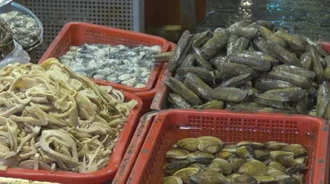 Fresh seafoods for sale, street market, Hong Kong, China Stock Footage