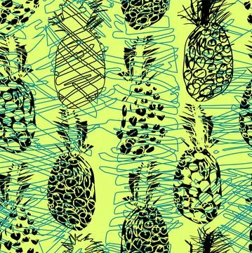 Fresh seamless pattern with pineapple freehand drawn in sketch doodle style. Stock Illustration