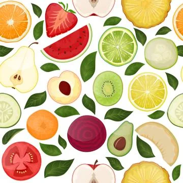 Fresh seamless pattern with slice vitamin fruits vegetables on nature food Stock Illustration