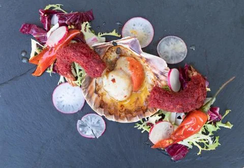 Fresh seared scallops , deviled king prawns, raddish and chill dressing Stock Photos