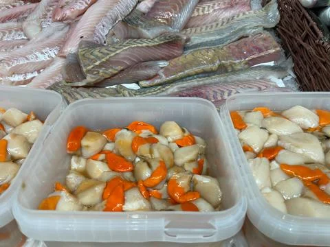 Fresh Shellfish and Fish Fillets at Market Stock Photos