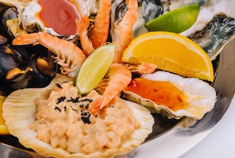 Fresh shellfish seafood platter close up Stock Photos