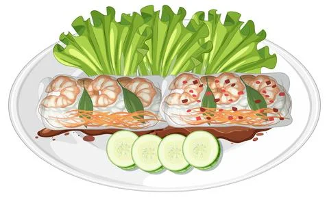 Fresh Shrimp Spring Rolls with Lettuce and Cucumber Slices Illustrazione stock