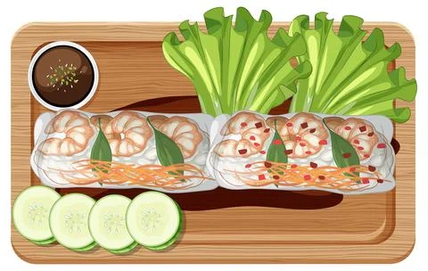 Fresh Shrimp Spring Rolls with Vegetables on Wooden Board イラスト素材