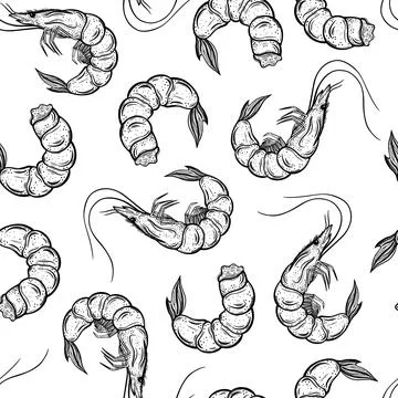 Fresh shrimps seamless vector pattern. Hand-drawn illustration. Seafood Illustrazione stock
