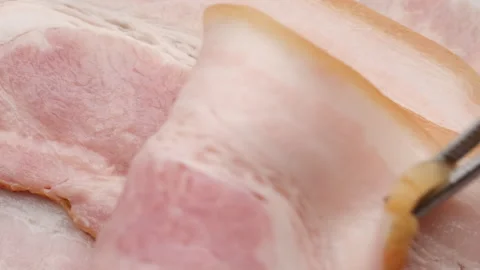 Fresh sliced bacon close up Video stock 256966427