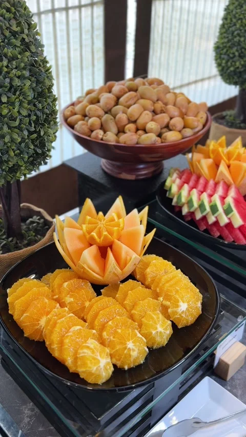 Fresh Sliced Fruit Platter On Restaurant Buffet Stock Footage 344549745