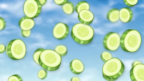 Fresh Sliced Green Cucumbers Falling Against a Bright Blue Sky Stock Footage 343698896